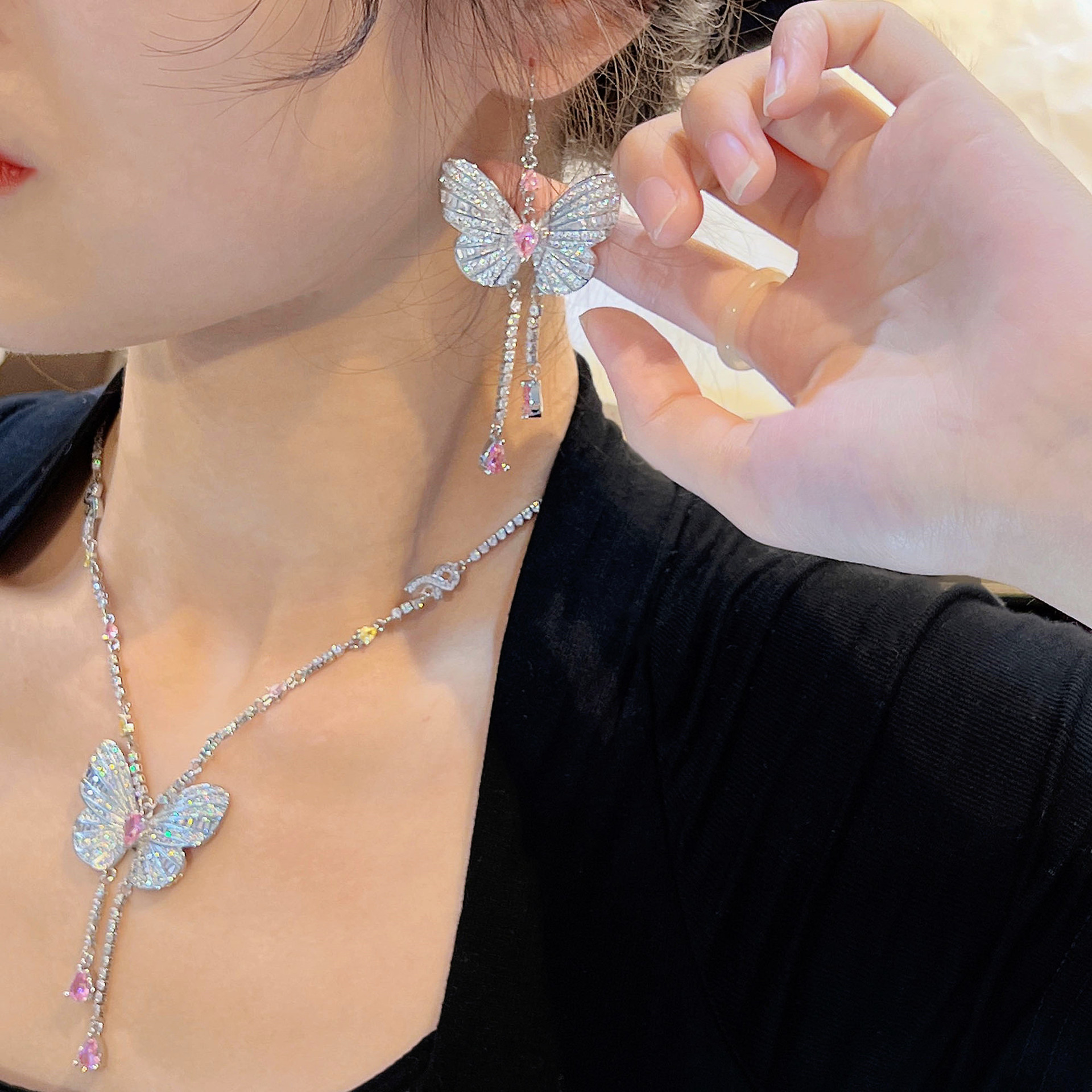 Butterfly Lab Diamond Jewelry set 925 Sterling Silver Party Wedding Earrings Chocker Necklace For Women Bridal Gemstones Jewelry