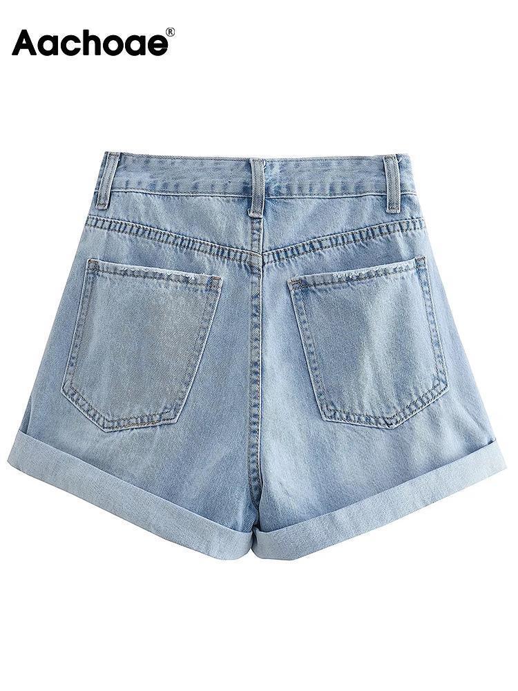Women's Shorts Aachoae Summer Casual Solid Color Denim Shorts Women High Waits Zipper Fly Pants Ladies Fashion Chic Shorts Mujer Pantalon 230503