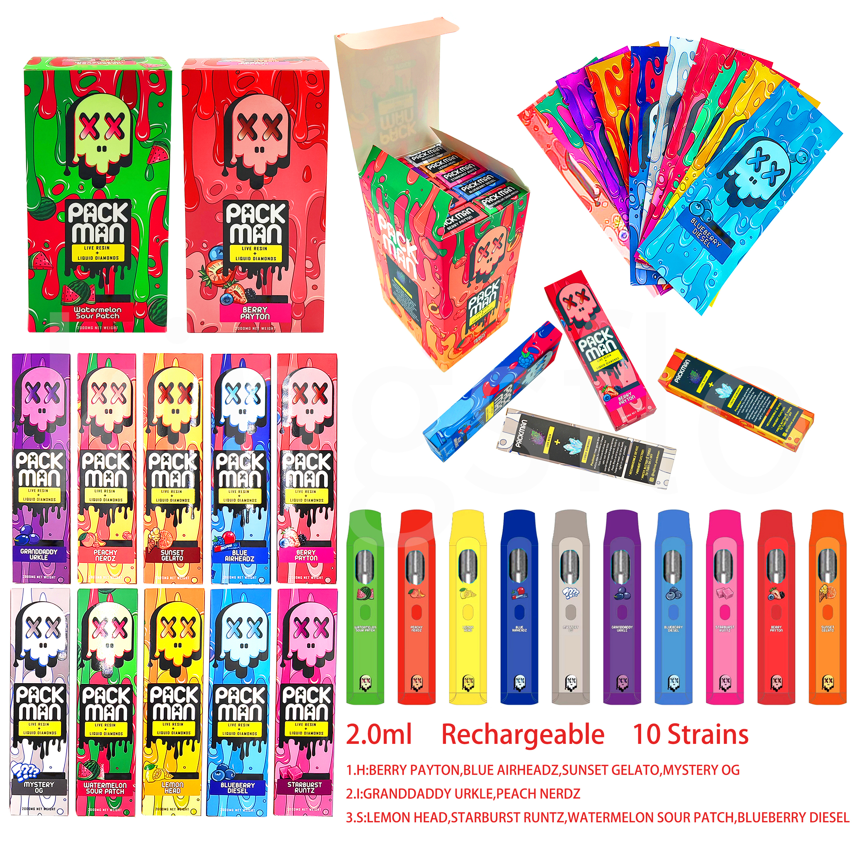 PACK MAN disposable vape pen empty 2ml carts Rechargeable 10 strains with packagings ship from USA
PACK MAN disposable vape pen empty 2ml carts Rechargeable 10 strains with packagings ship from USA