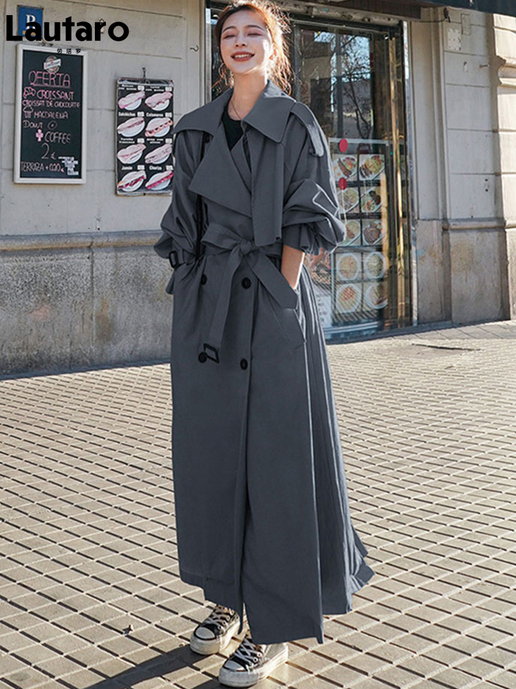 Women's Trench Coats Lautaro Spring Autumn Long Flowy Oversized Casual Coat for Women Belt Double Breasted Loose Korean Fashion 230404