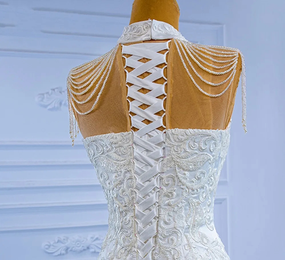 High Modest Neck Lace Mermaid Wedding Dress With Tassels Sleeveless Beaded Satin Bridal Gowns Arabic Dubai Vestido De Noiva