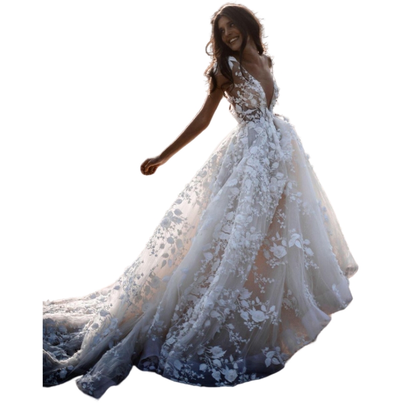 Boho Wedding Dress with Illusion V Neck and Cap Sleeves, Vintage Bridal Gowns