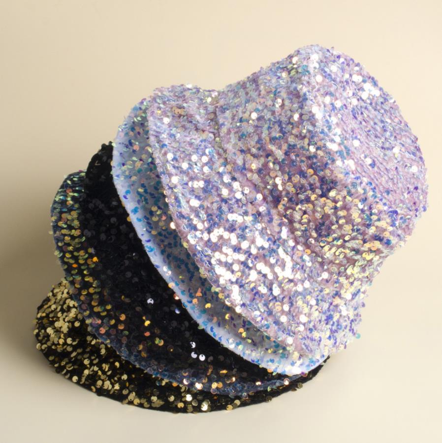 Carnival Rave Stage Wear Shiny Bling Sequin Bucket Hat Wide Brim Hip Pop Women Trendy Street Punk Stage Cap for Party Music Festival