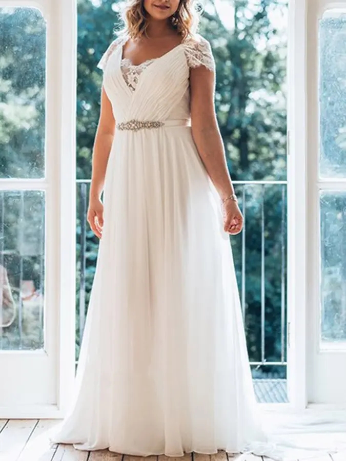 Elegant Plus Size Wedding Dress V-neck Short Sleeves Robe de Mariage Sweep Thrain Crystal Sas Lace Back Chiffon Bridal Gown