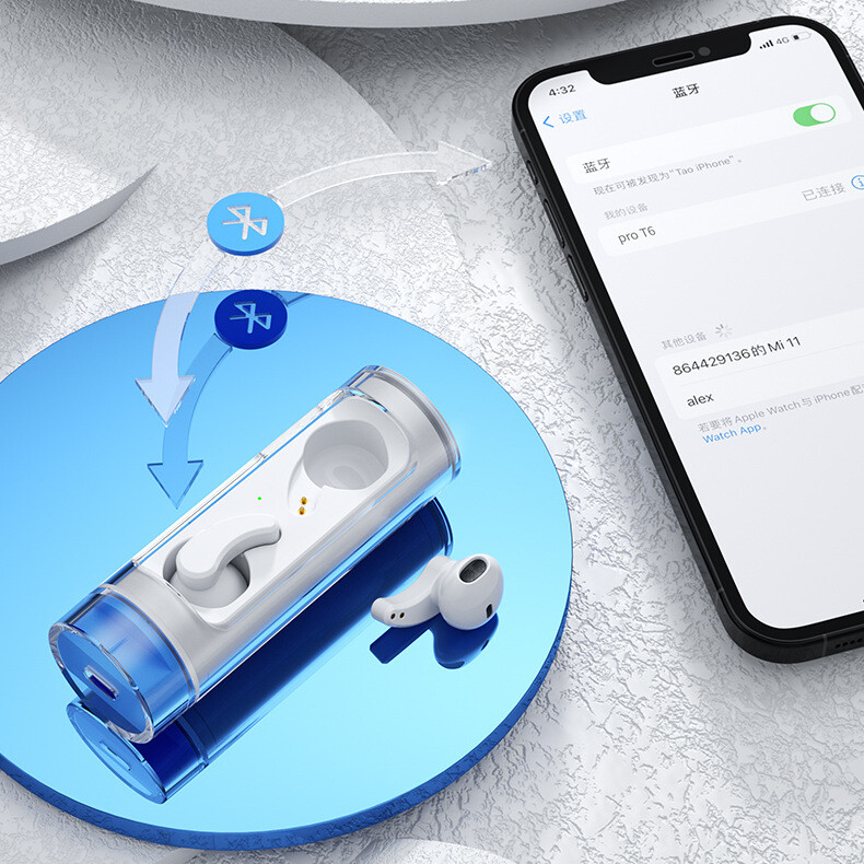 TWS 5.3 PRO T6 Earbuds Rotating Spacecraft Transparent Bluetooth Earphones Wireless Bluetooth headset with charging box