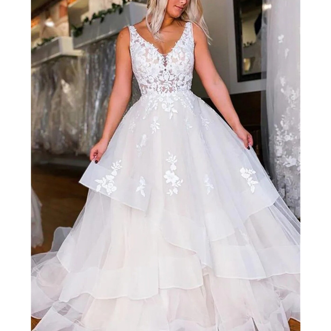 A Line V Neck Wedding Dress Ruched Long Sleeveless Bridal Gowns Floor Length Bride Dress Robe De Mariee