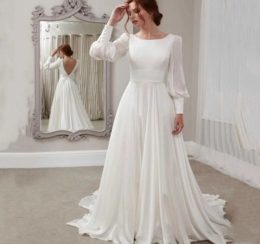 Simple A-line Wedding Dress Backless O-Neck Chiffon Lantern Sleeve Sweep Train Bride Gown Robe De Mariee Vestidos Custom Made