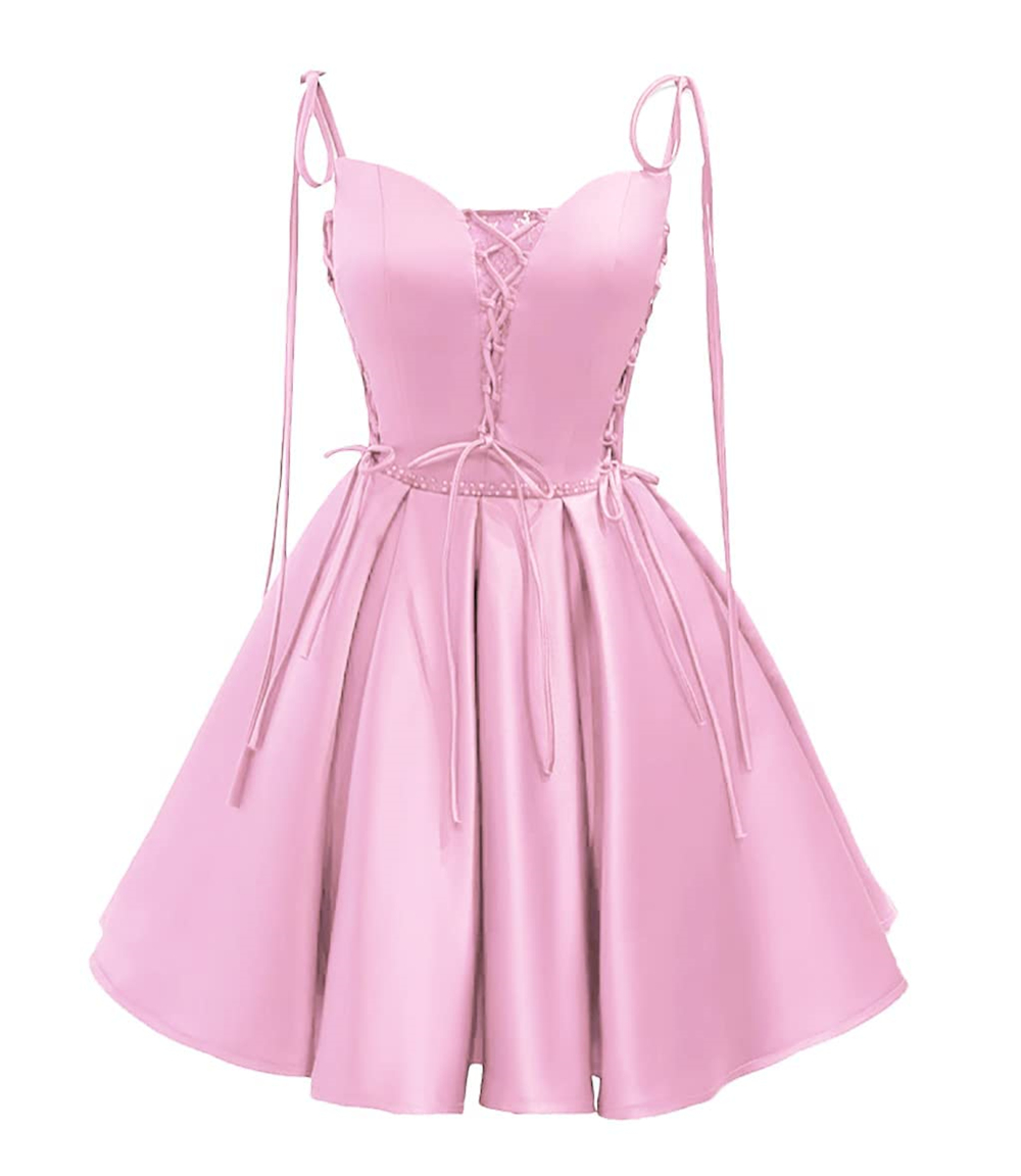 A Line Short Spaghetti Straps Homecoming Dresses Satin Princess Mini Cocktail Formal Occasion Birthday Prom Graudation Cocktail Party Gowns HD1005