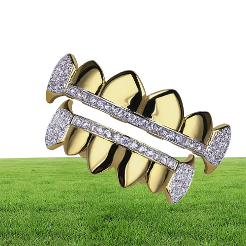 18K Real Gold Punk Hiphop CZ Zircon Poker Letters Vampire Teeth Fang Grillz Diamond Grills Braces Tooth Cap Rapper Jewelry for Cos