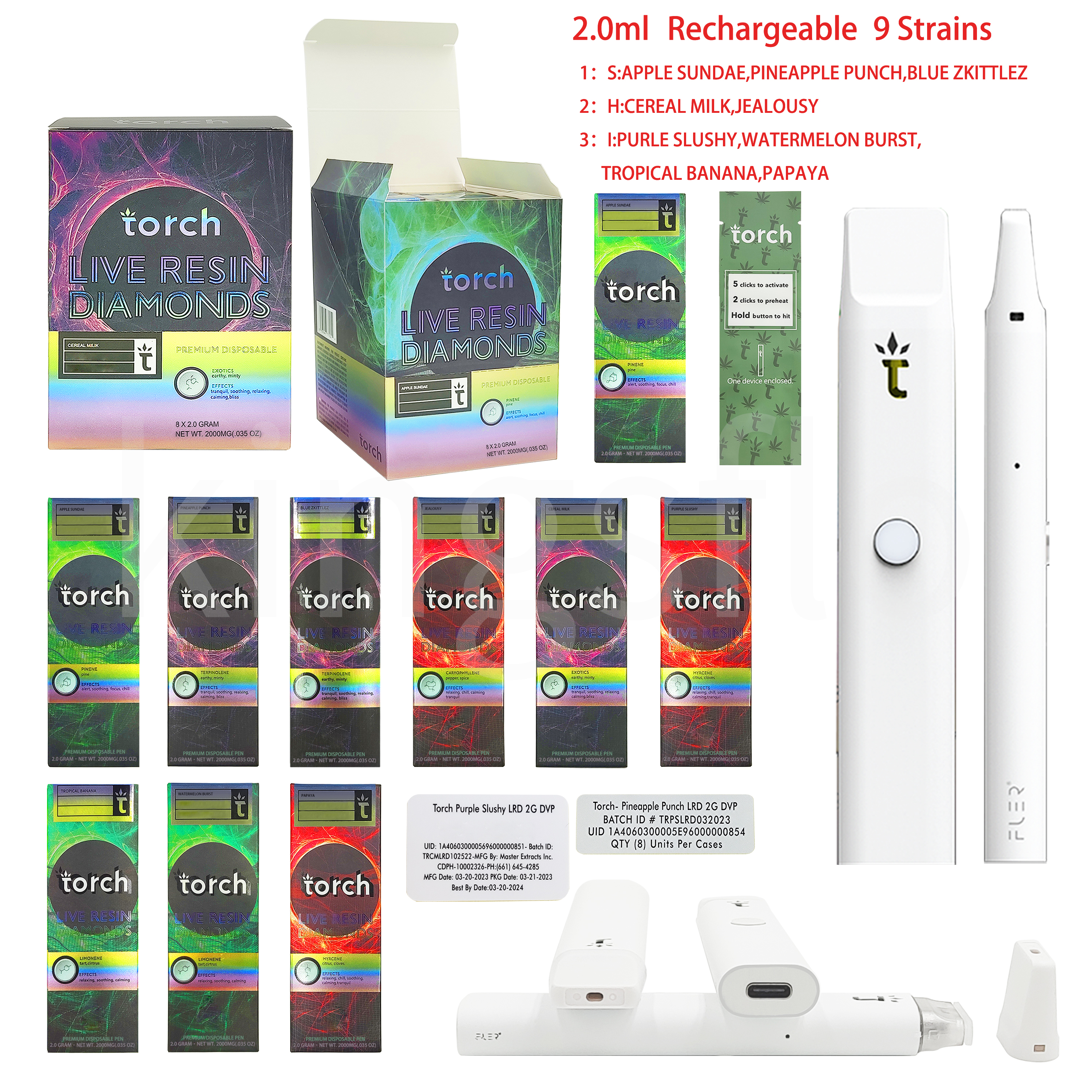 Torch 2.0ml Live Resin Diamond Disposable E-cigarettes Vape Pen A Quality Battery Rechargeable 9 strains Empty Carts With Packagings
Torch 2.0ml Live Resin Diamond Disposable E-cigarettes Vape Pen A Quality Battery Rechargeable 9 strains Empty Carts With Packagings