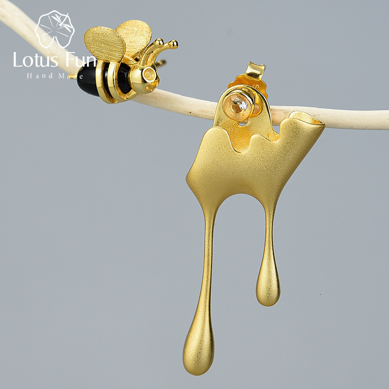 Stud Lotus Fun Real 925 Sterling Silver Handmade Fine Jewelry 18K Gold Bee and Dripping Honey Asymmetric Stud Earrings for Women Gift 230404