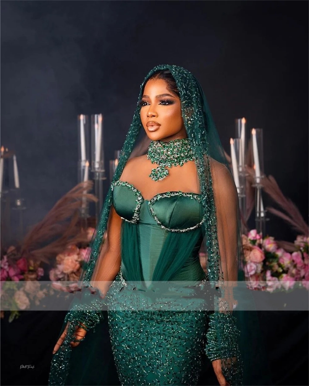 Emerald Green Aso Ebi Beaded Mermaid Prom Dresses For Elegant Bridal Party With Headdress African Crystal Special Ocn Gowns Vestidos B0312
