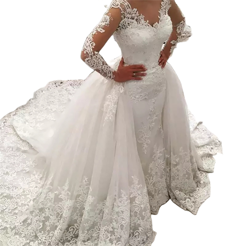 Detachable Train Mermaid Wedding Dresses With Long Sleeves Lace Appliques Beautiful Bridal Gowns Arabic Women Elegant Vestido De Novia V-Neck Plus Siz