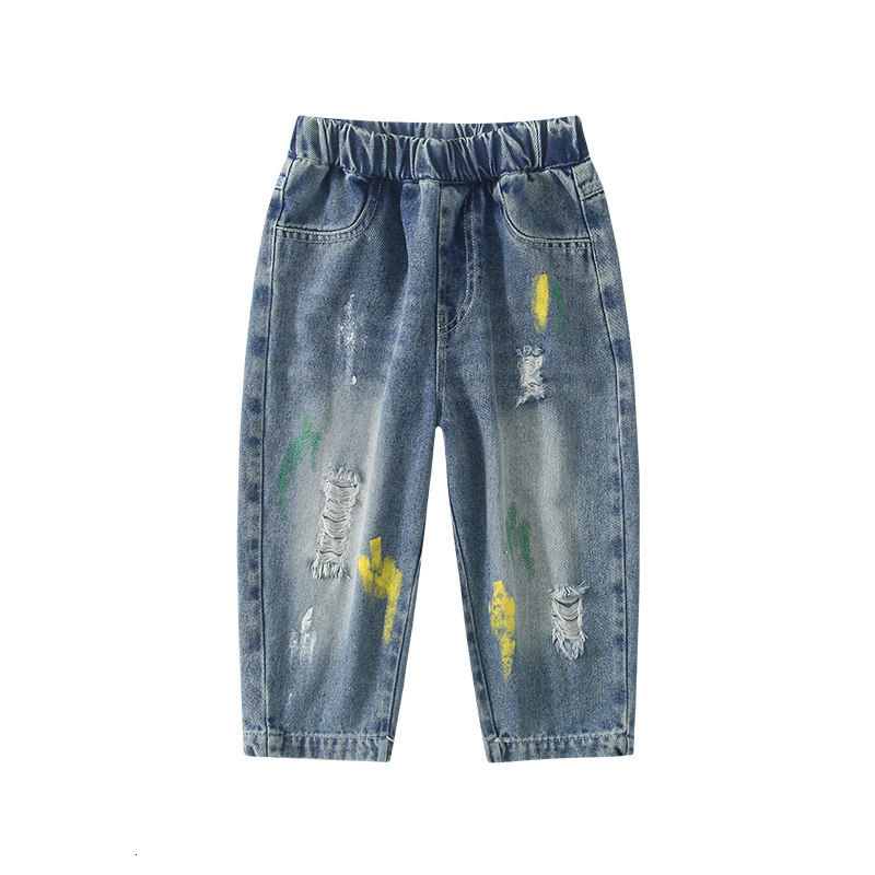 Jeans Boys Jeans Spring Autumn Children's Trousers Loose Fashion Painting Ripped Hole Toddler Korean Kids Casual Denim Pants 4-13Years 230413