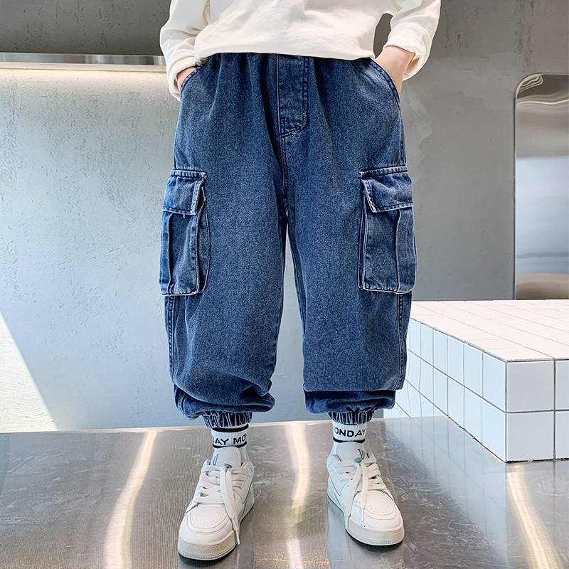 Jeans Spring Cool Boy Blue Loose Straight Leg Backyard Jeans Children's Goods denim Trousers with Pockets 5 7 9 11 13 14Y 230406