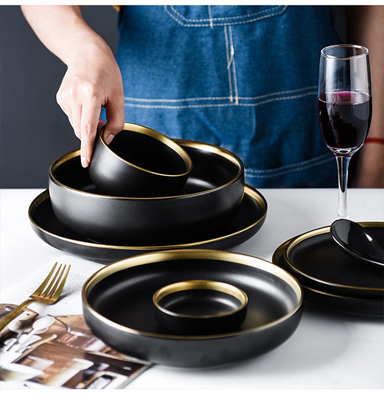 Nordic Golden Stroke Ceramic Plate Hotel Table Decoration Steak Black Dinner Plates Salad Dishes Western Cuisine Tableware Set
