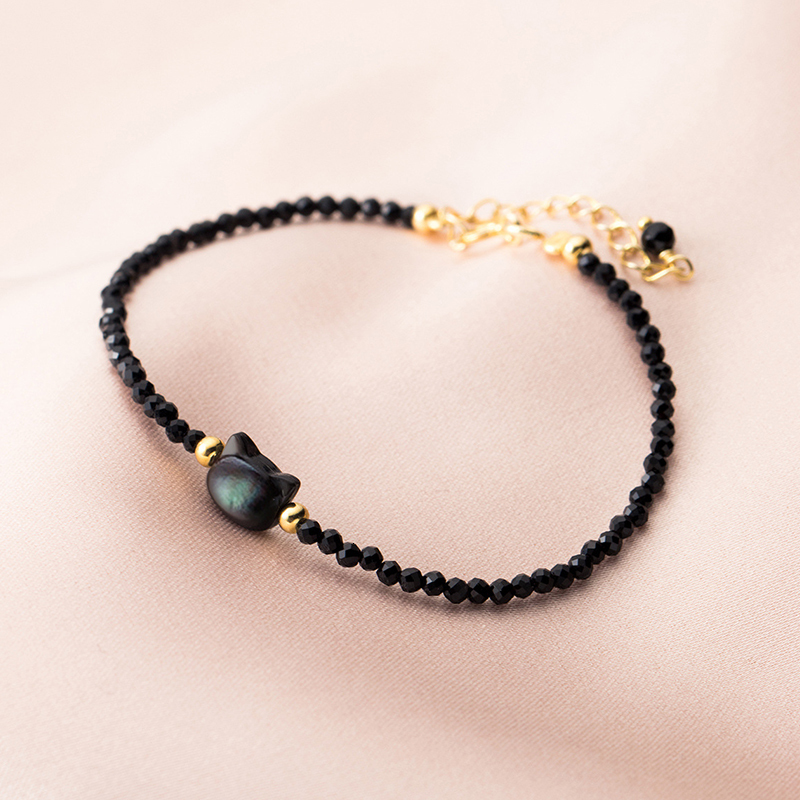 Charm Bracelets Modian 925 Sterling Silver Vintage Black Round Crystal Bracelet Cute Cat Chain Bracelet for Women's Party Jewelry Gifts 230406