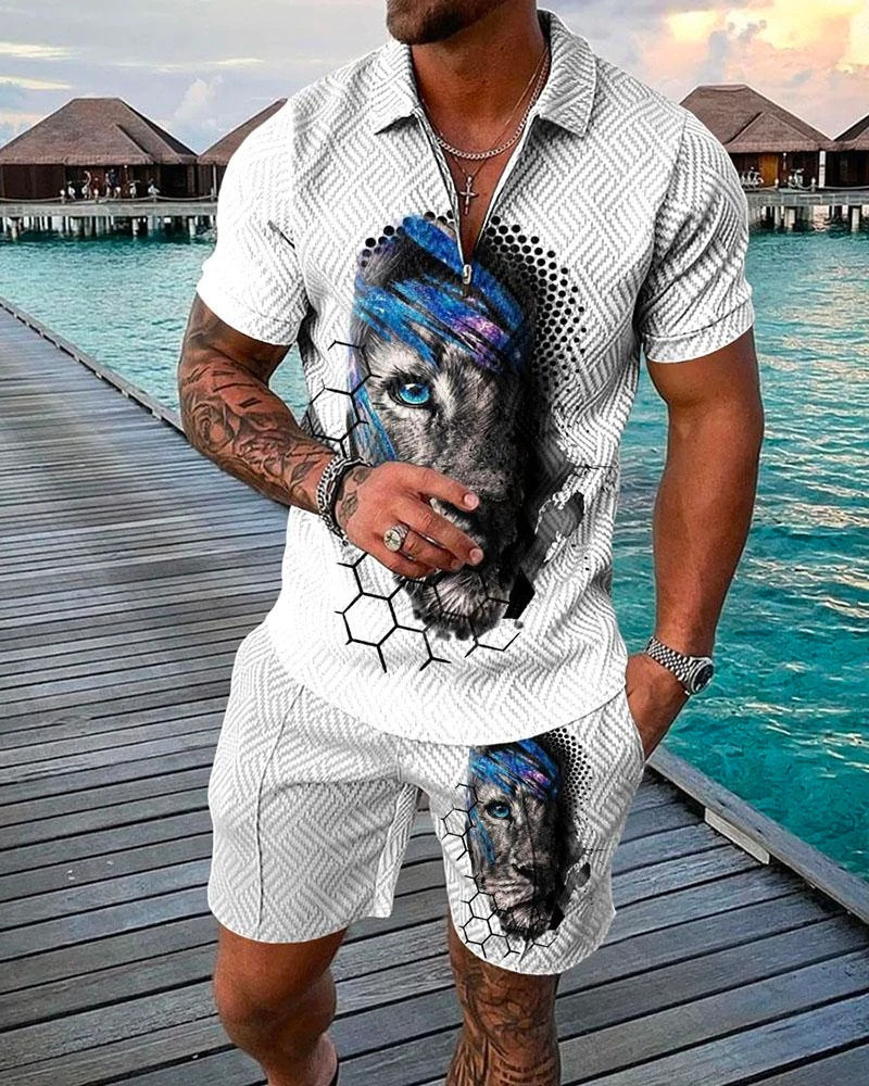 Men's Tracksuits Summer Hawaiian Athletic Wear Polo Shirt 2-Piece Set for Men's Business Fashion Casual Print True Down Neck Men's Wear