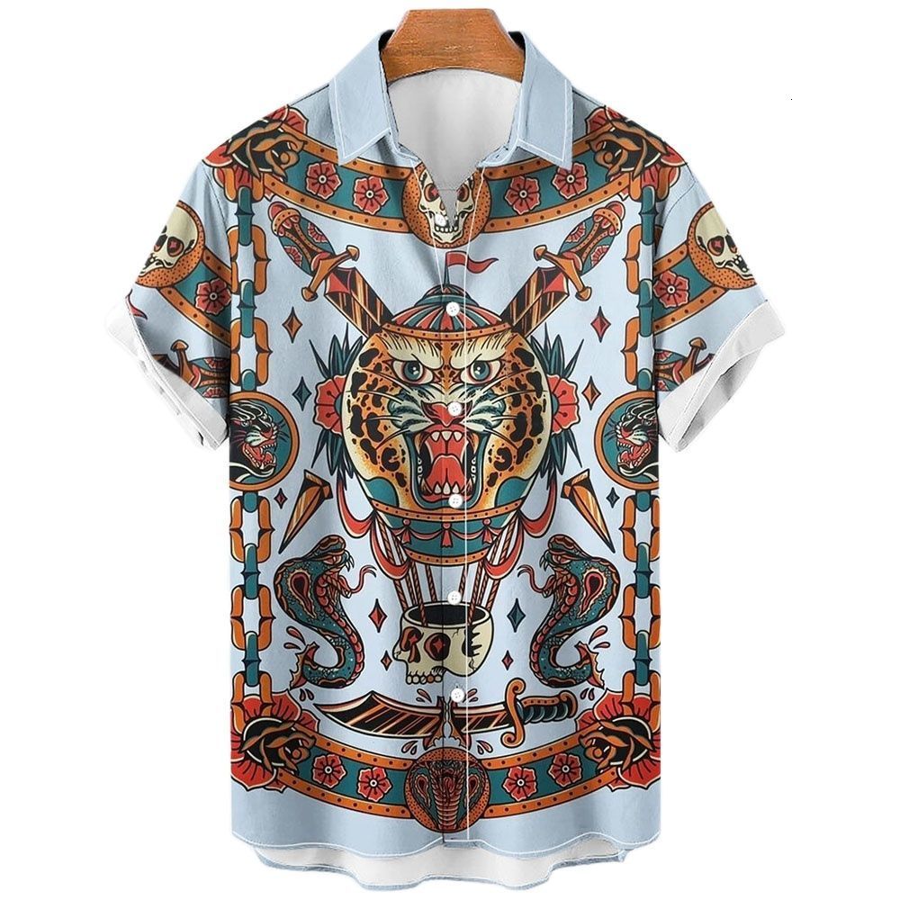 Men's Casual Shirts Summer Japanese Style Printed Shirt for Men Tattoo Hawaiian Men's Shirt Classic Short Sleeve Top Y2k Harajuku Men's