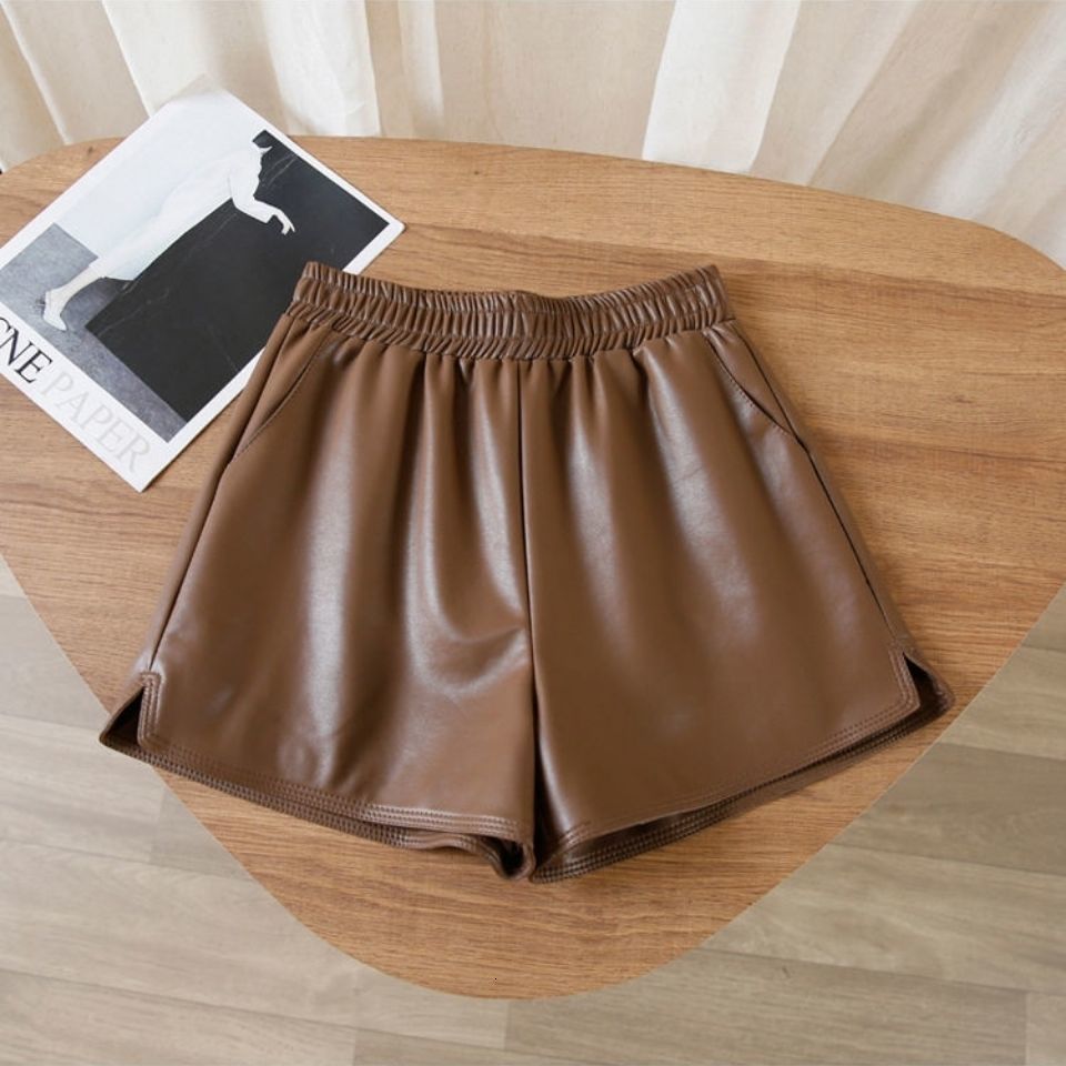 Women's Shorts pu leather shorts women's spring and autumn models elastic high waist loose wide leg pants black all-match P6 1246 230503
