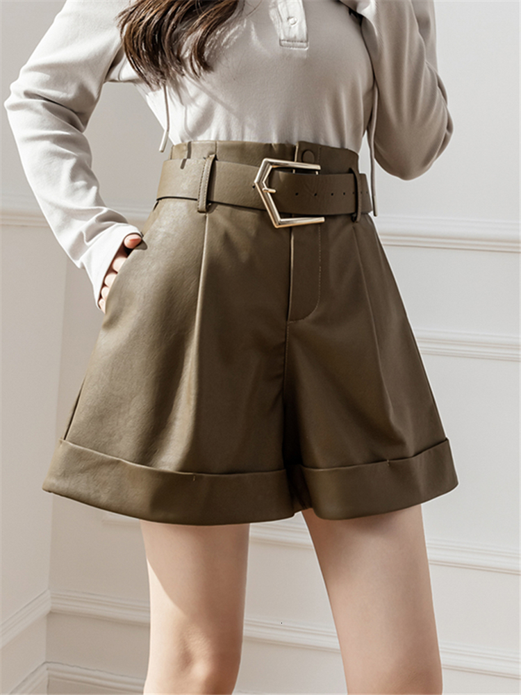 Women's Shorts Seoulish Green PU Faxu Women's leather shorts with belt autumn winter wide leg pants women's casual office pants 230406