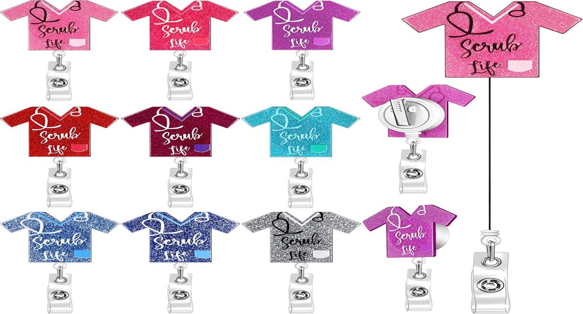 10 pcslot Key Rings Multicolor Scrub Life Glitter Acrylic Retractable Medical Badge Holder Reel Nurse ID Name Card For Healthcare