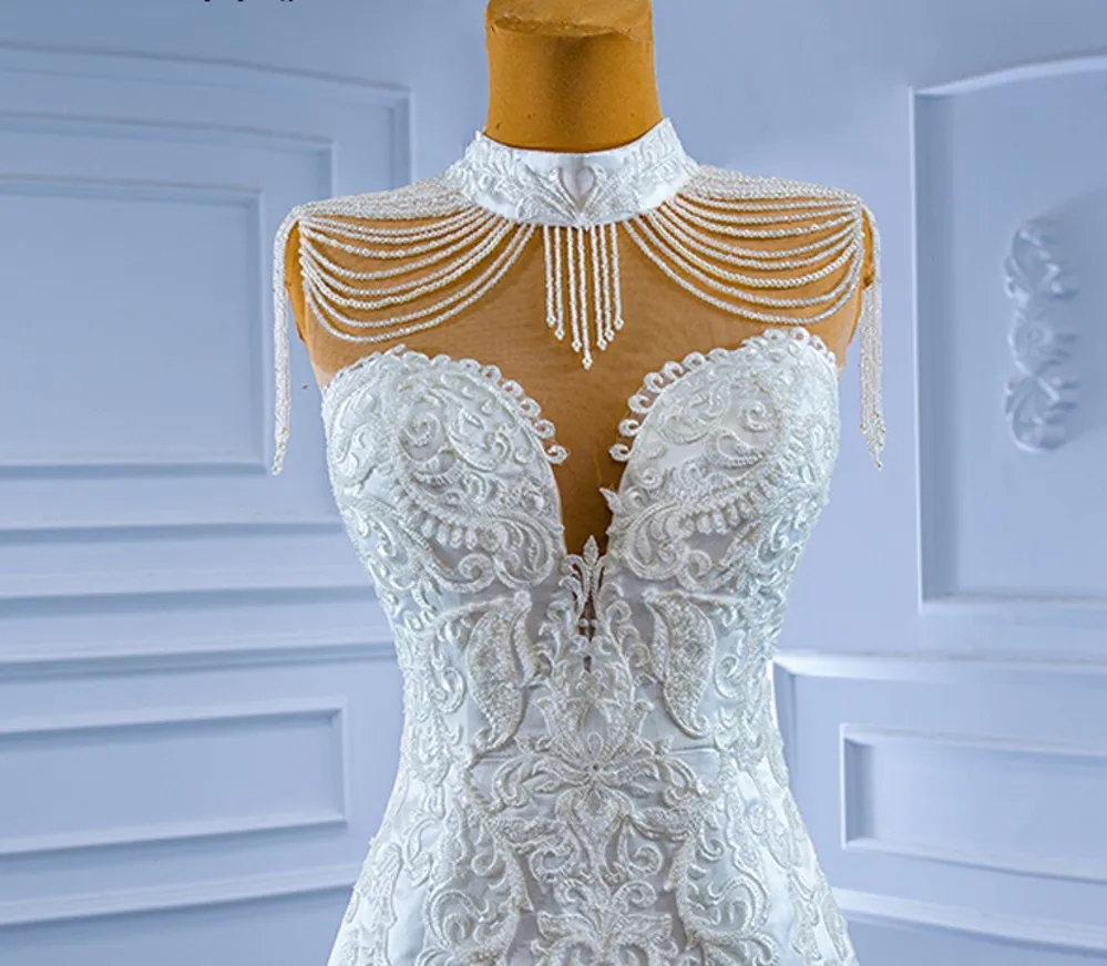 High Modest Neck Lace Mermaid Wedding Dress With Tassels Sleeveless Beaded Satin Bridal Gowns Arabic Dubai Vestido De Noiva