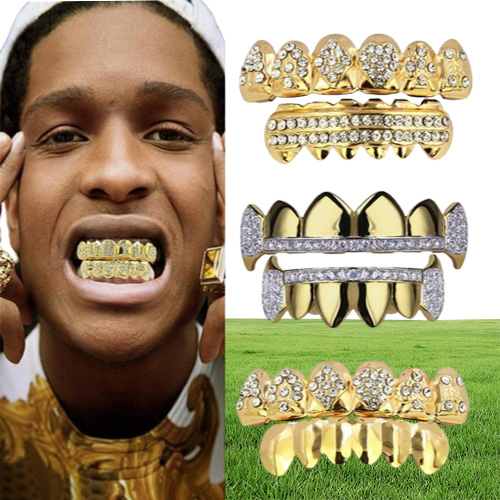 18K Real Gold Punk Hiphop CZ Zircon Poker Letters Vampire Teeth Fang Grillz Diamond Grills Braces Tooth Cap Rapper Jewelry for Cos