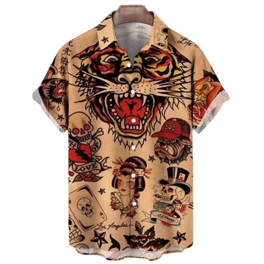 Men's Casual Shirts Summer Japanese Style Printed Shirt for Men Tattoo Hawaiian Men's Shirt Classic Short Sleeve Top Y2k Harajuku Men's