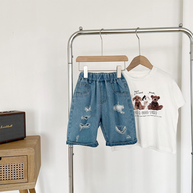 Jeans Summer Boys' Casual Hole Knee Length Jeans Pants 230406
