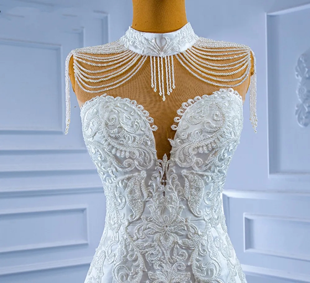 High Modest Neck Lace Mermaid Wedding Dress With Tassels Sleeveless Beaded Satin Bridal Gowns Arabic Dubai Vestido De Noiva