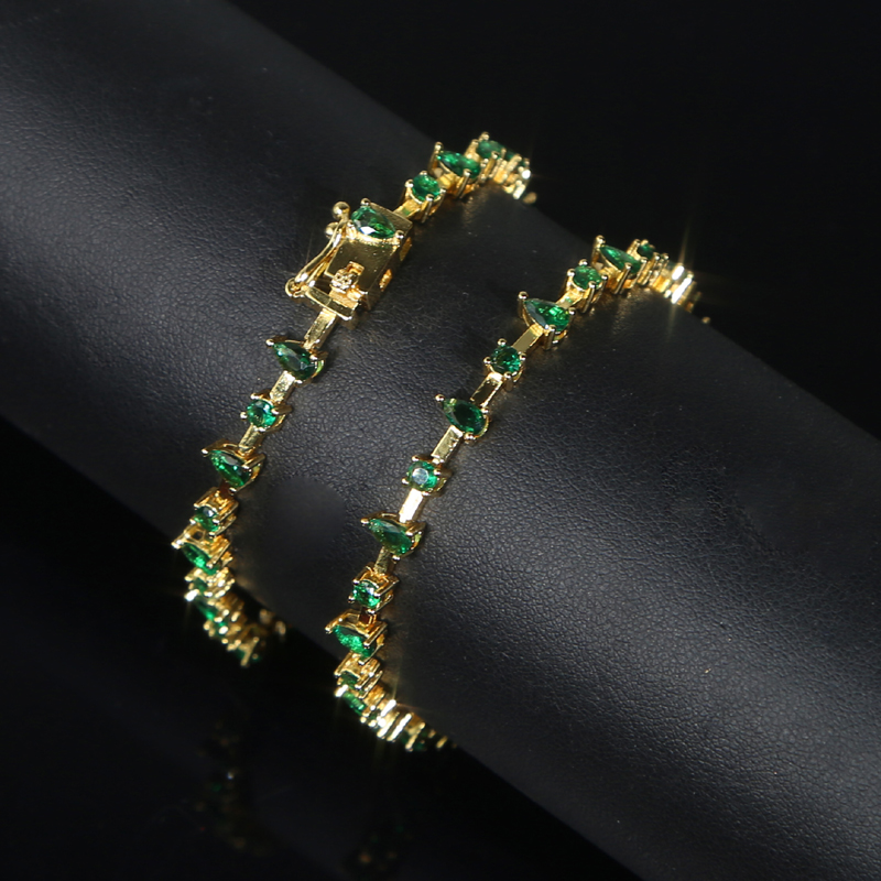 Lovely Multi Green Water Drop Round Zircon Bangle Elegant Bracelet Earrings Hip Hop Gold Plated Paved Cubic Zirconia Women Party Gift Wholesale Jewelr