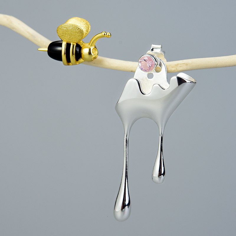 Stud Lotus Fun Real 925 Sterling Silver Handmade Fine Jewelry 18K Gold Bee and Dripping Honey Asymmetric Stud Earrings for Women Gift 230404