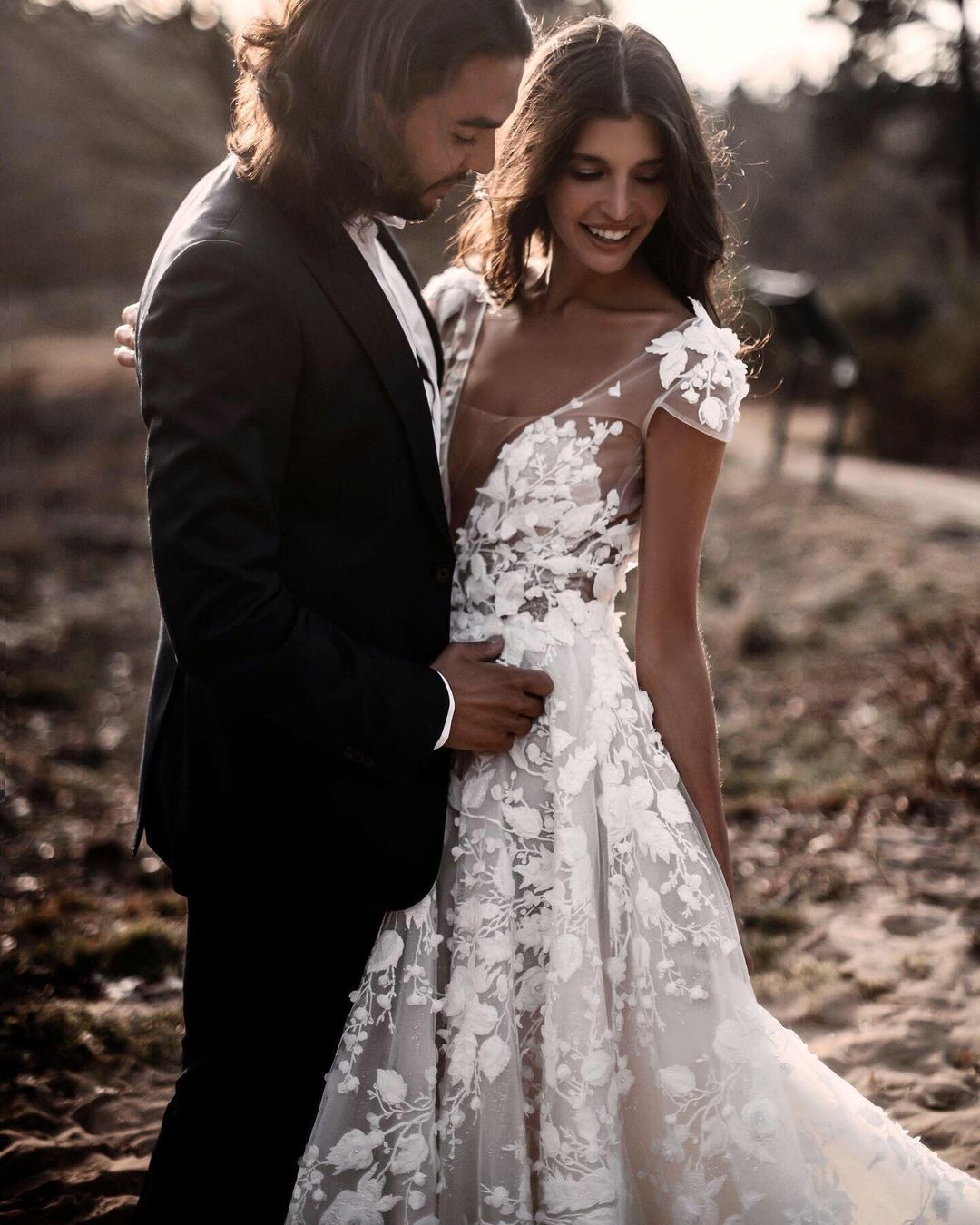 Boho Wedding Dress with Illusion V Neck and Cap Sleeves, Vintage Bridal Gowns