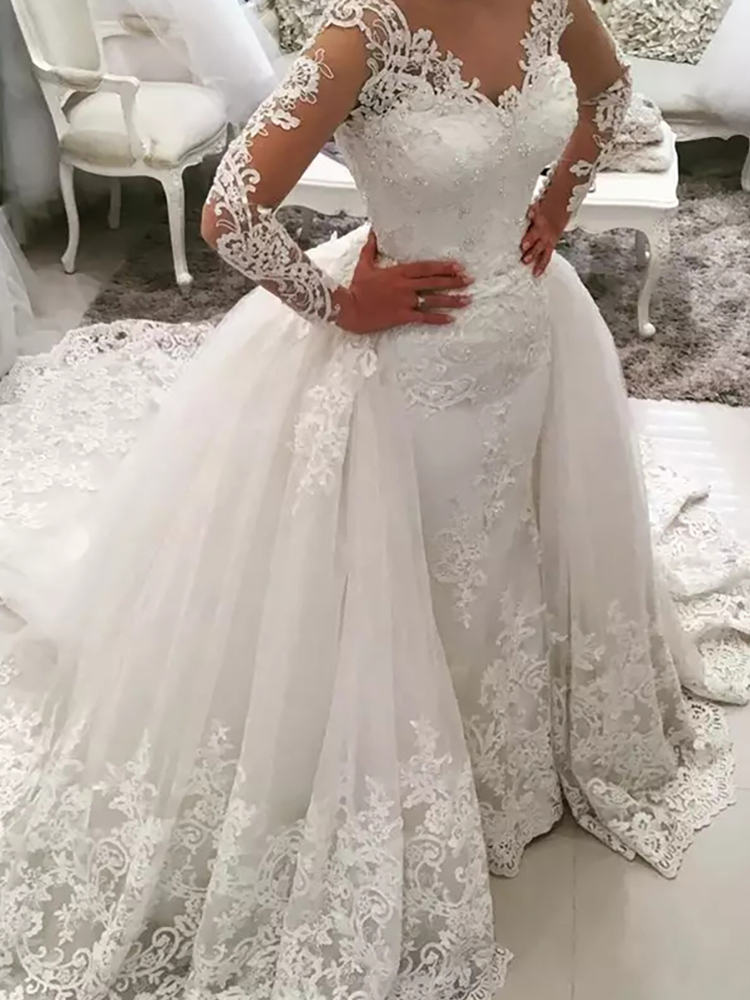 Detachable Train Mermaid Wedding Dresses With Long Sleeves Lace Appliques Beautiful Bridal Gowns Arabic Women Elegant Vestido De Novia V-Neck Plus Siz