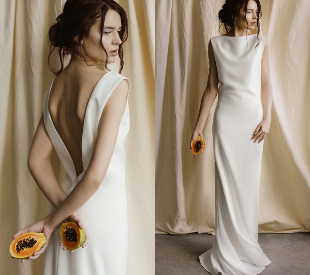 Simple Soft Satin Wedding Dress 2024 A-line Boat Neck Sleeveless Sweep Train Backless Bridal Gown Boho Beach Robes de Mariage