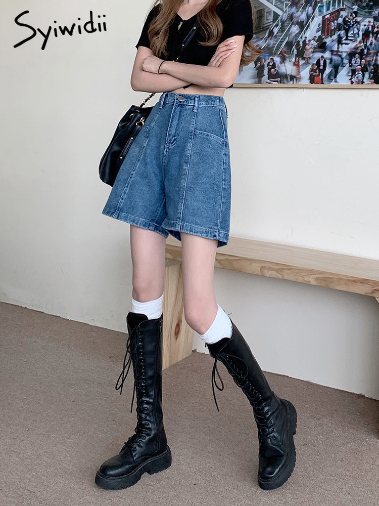 Women's Shorts Syiwidii denim Shorts Women's High Waist Jeans Retro Street Costume Patches Fashion Loose Pockets High Street Blue Shorts 230