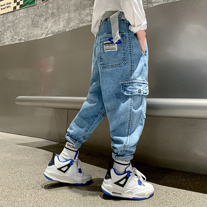 Jeans Boys' cargo pants children's blue Trousers spring and autumn sports jeans children's Korean casual clothing 5 6 8 9 10 12 14 year