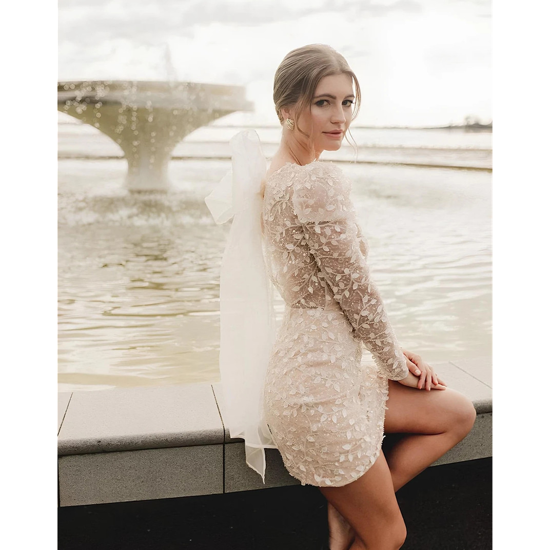 Luxury Illusion Appliques Wedding Dresses Long Sleeves Bridal Gowns Floor Length Bride Dress Robe De