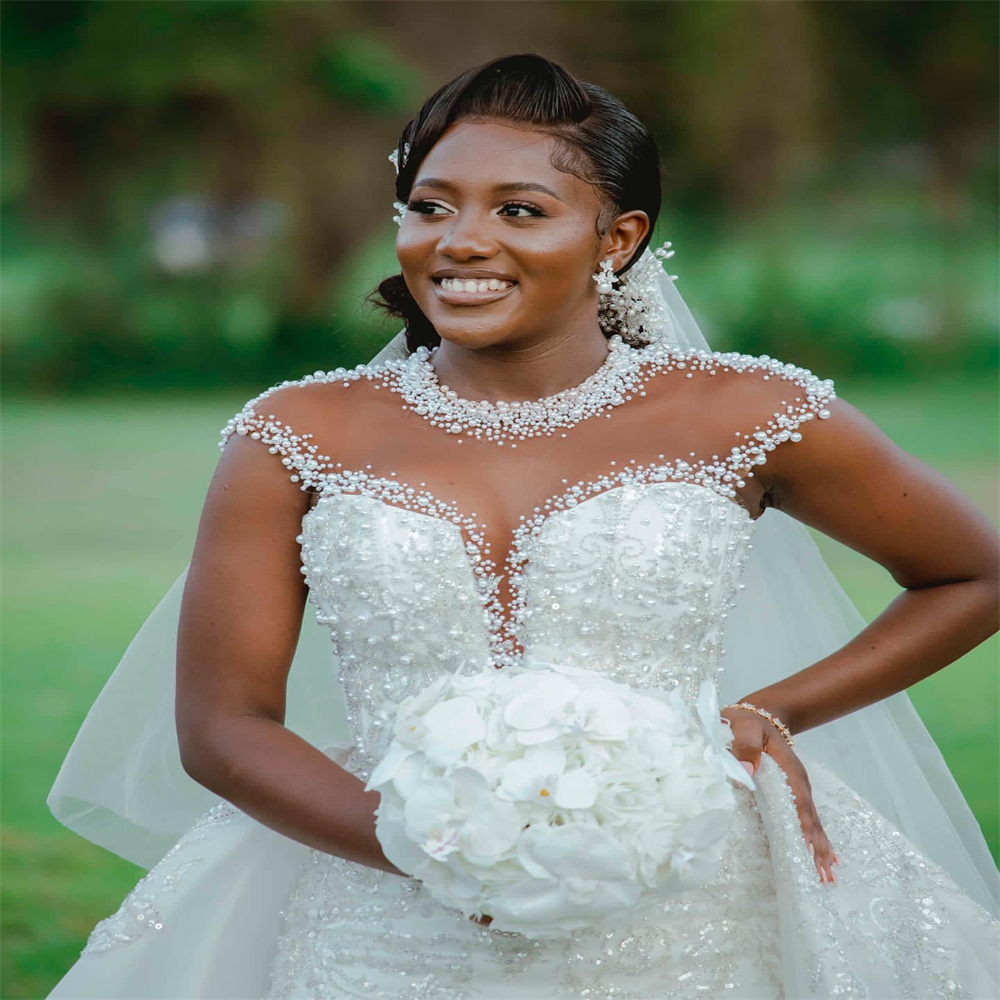 2023 Nov Arabic Aso Ebi Plus Size White Mermaid Wedding Dress Pearls Sequined Lace Detachable Train Bridal Gowns Dresses ZJ505