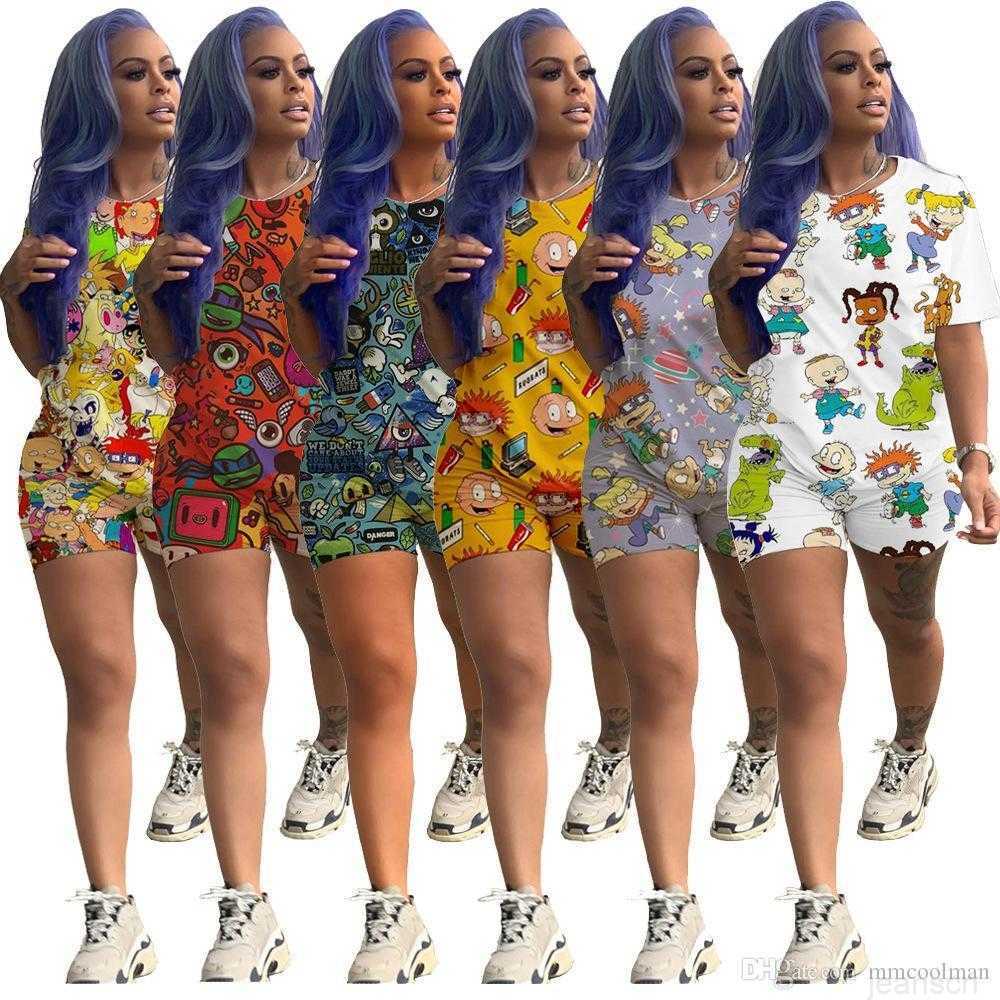 Fashion Cartoon Printed Casual Set dresses Womens Designer Tracksuit Short Sleeve Outfits 2 Piece Pant Sport Suits Clubwear