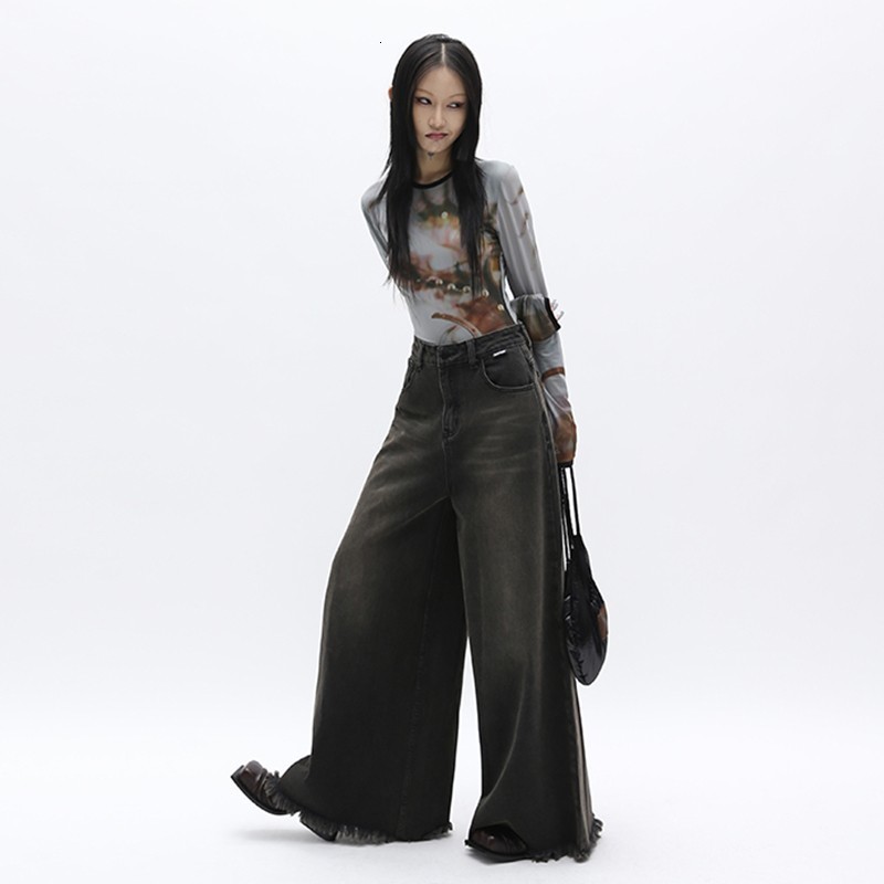 Women's Jeans Karrcat Grunge Wide Leg Vintage Gothic Black Korean Loose Boyfriend Dark Aesthetics Oversized Trousers 90s Y2k 230404