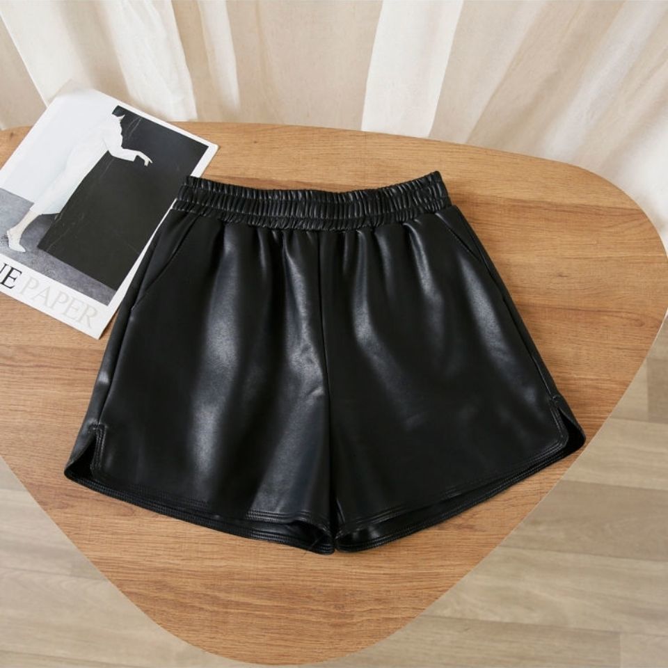 Women's Shorts pu leather shorts women's spring and autumn models elastic high waist loose wide leg pants black all-match P6 1246 230503