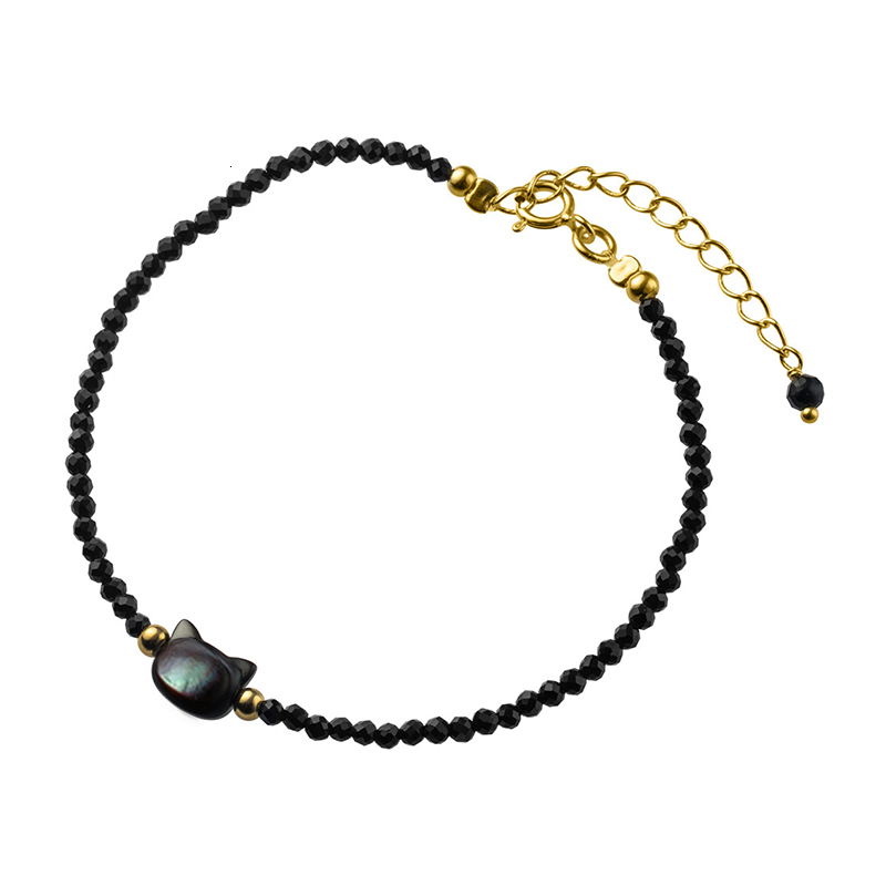 Charm Bracelets Modian 925 Sterling Silver Vintage Black Round Crystal Bracelet Cute Cat Chain Bracelet for Women's Party Jewelry Gifts 230406