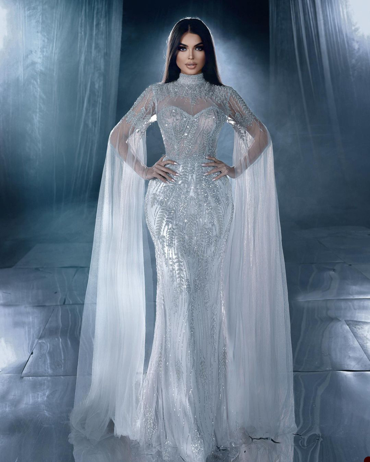 Gorgeous Mermaid Wedding Dresses High Neck Lace Applicants Long Sleeves on Tulle Zipper Floor Length Custom Made Plus Size Bridal Gown Vestidos De Nov