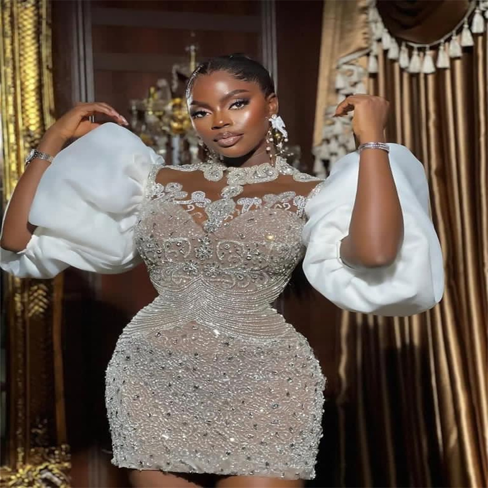 2023 Nov Arabic Aso Ebi Plus Size Beaded Crystals Wedding Dress Sheer Neck Short Mini Sheath Bridal Gowns Dresses ZJ220