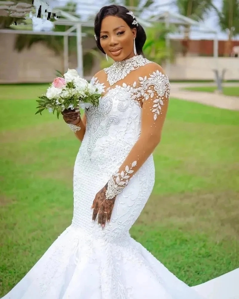 Mermaid Crystal Wedding Dress For Bride High Neck Long Illusion Sleevs Lace Applique Vestidos De Novia Civil African Plus Size Bridal Gowns