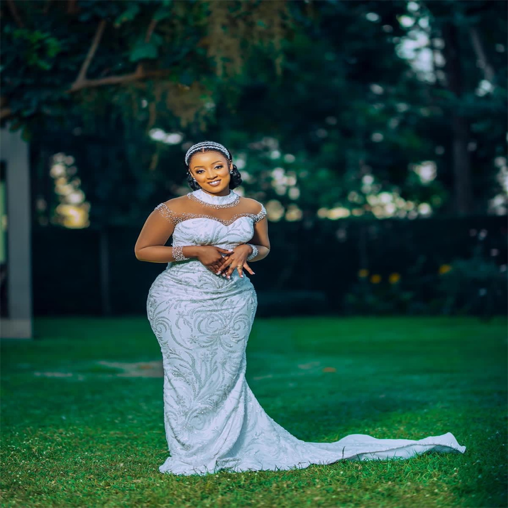 2023 Nov Arabic Aso Ebi Plus Size Sequined Lace Mermaid Wedding Dress Sheer Neck Beaded Bridal Gowns Dresses ZJ561