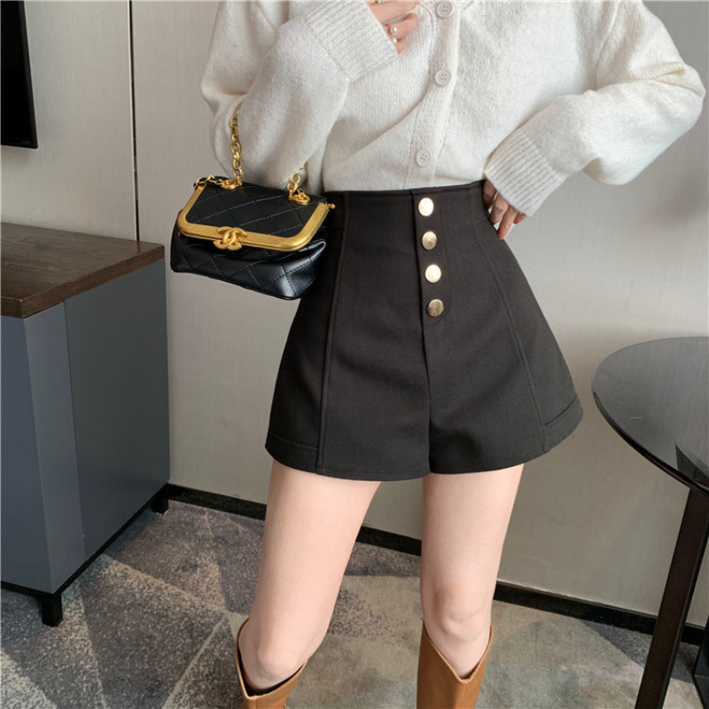 Women's Shorts Women's Shorts Korean Elegant Button Autumn Basic Solid High Waist Full Matching Shorts Casual Women's Vintage Wide Leg 