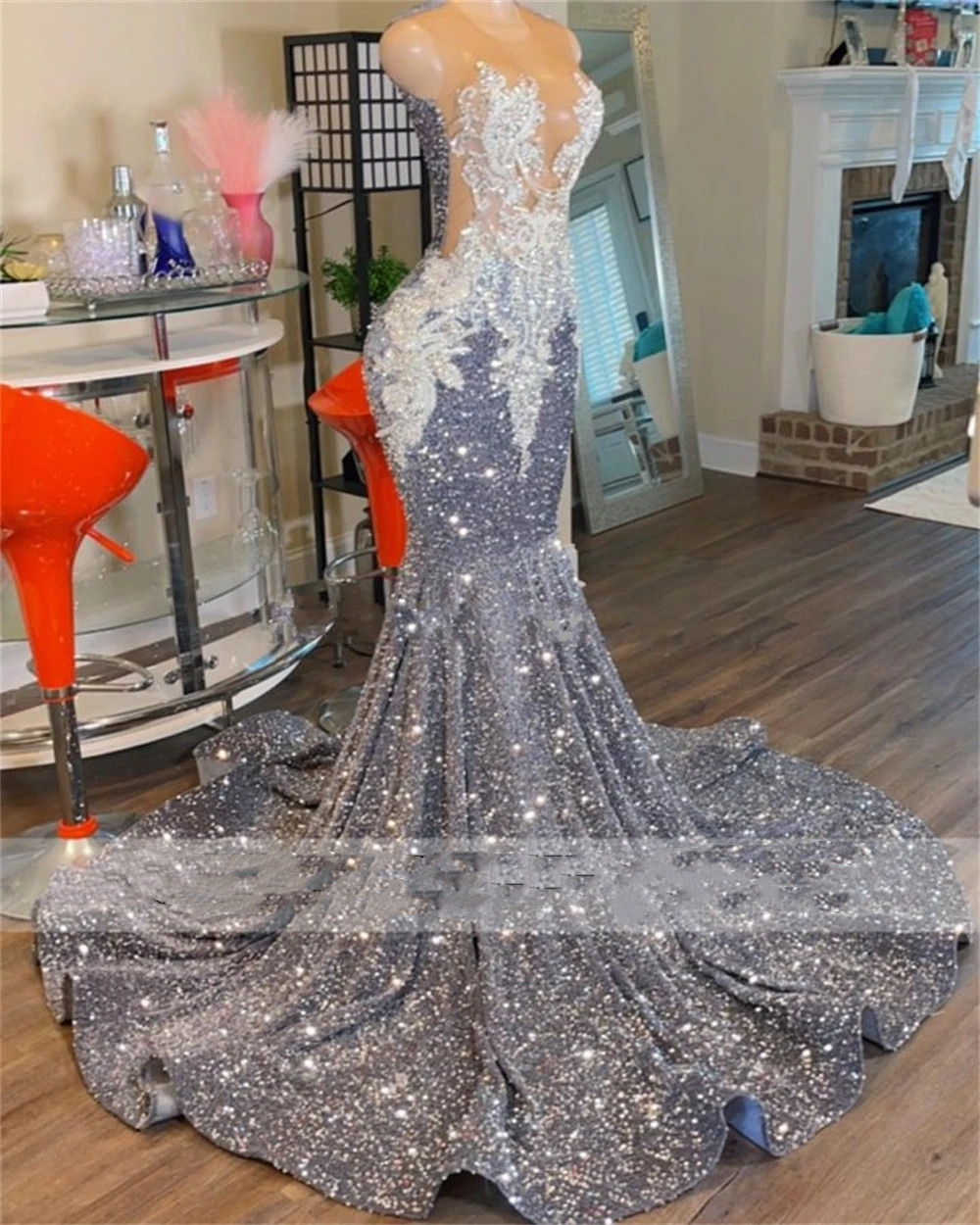 Grey Sequin Mermaid Prom Dresses Gowns O Neck Shinning Sier Beaded Appliques Plus Size Birthday Party Gown